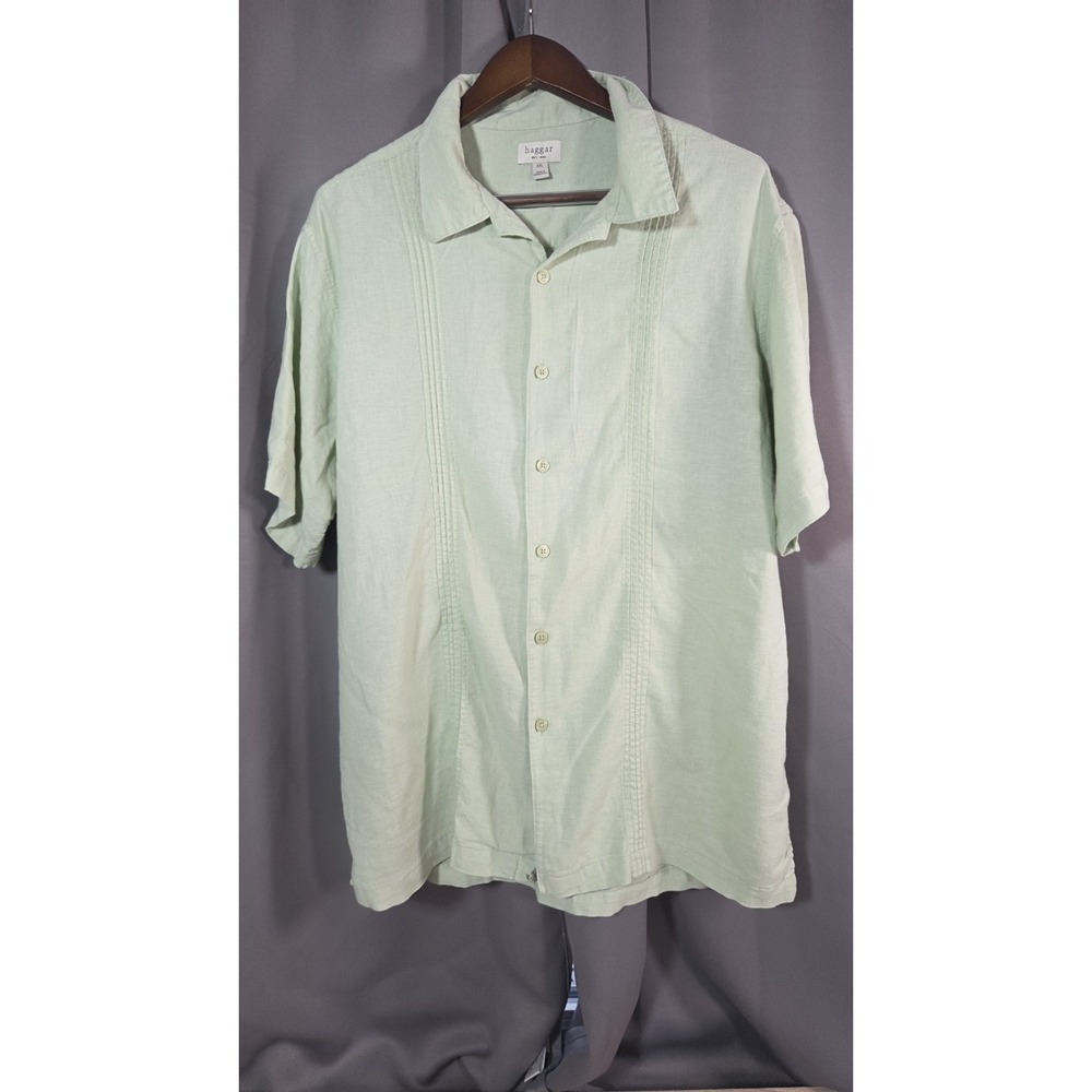 Haggar Men's Linen Blend Camp Collar Green Button Short Sleeve Shirt 2XL